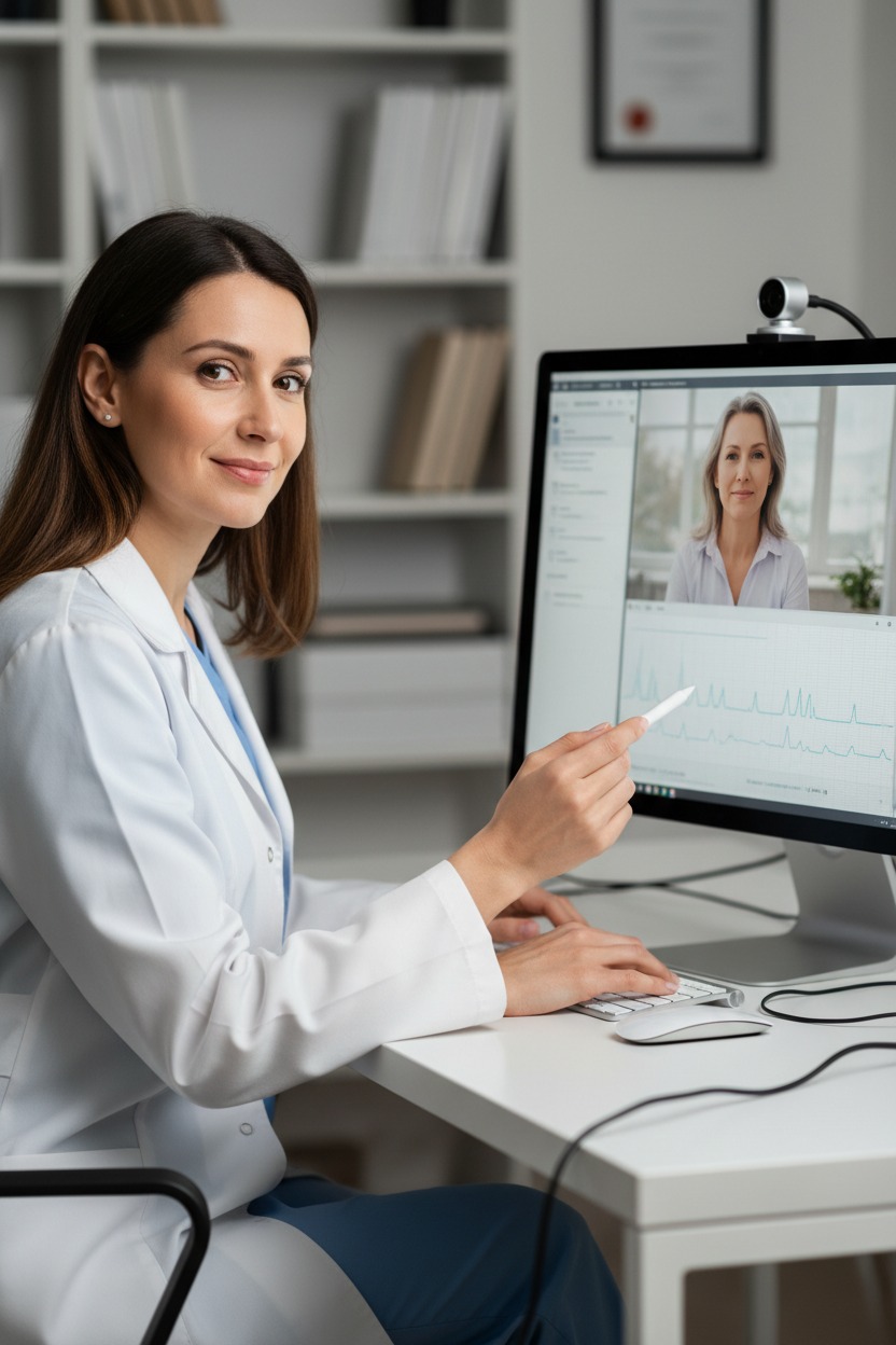 Genera una imagen de una doctora realista de la doctora dando atencion medica via online